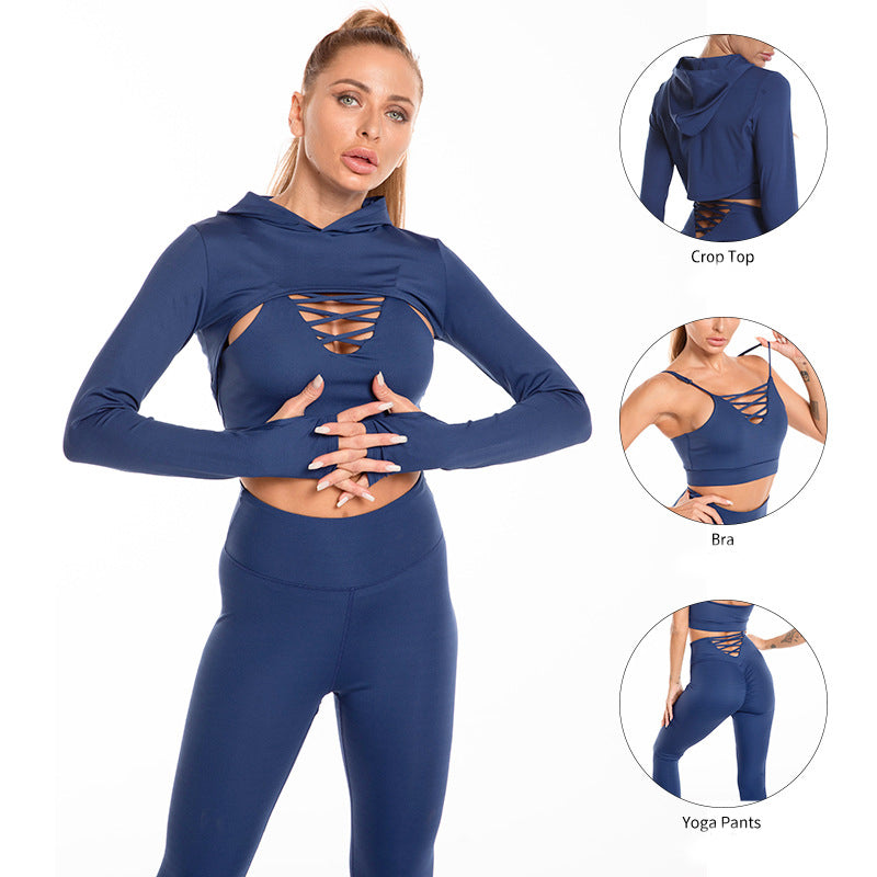 3 kpl Urheilupuvut Pitkähihainen Hupullinen Top Ontot Design Camisole ja peppua nostava korkea vyötärö Saumaton Fitness Leggingsit Urheilu Kuntosali Asut Vaatteet