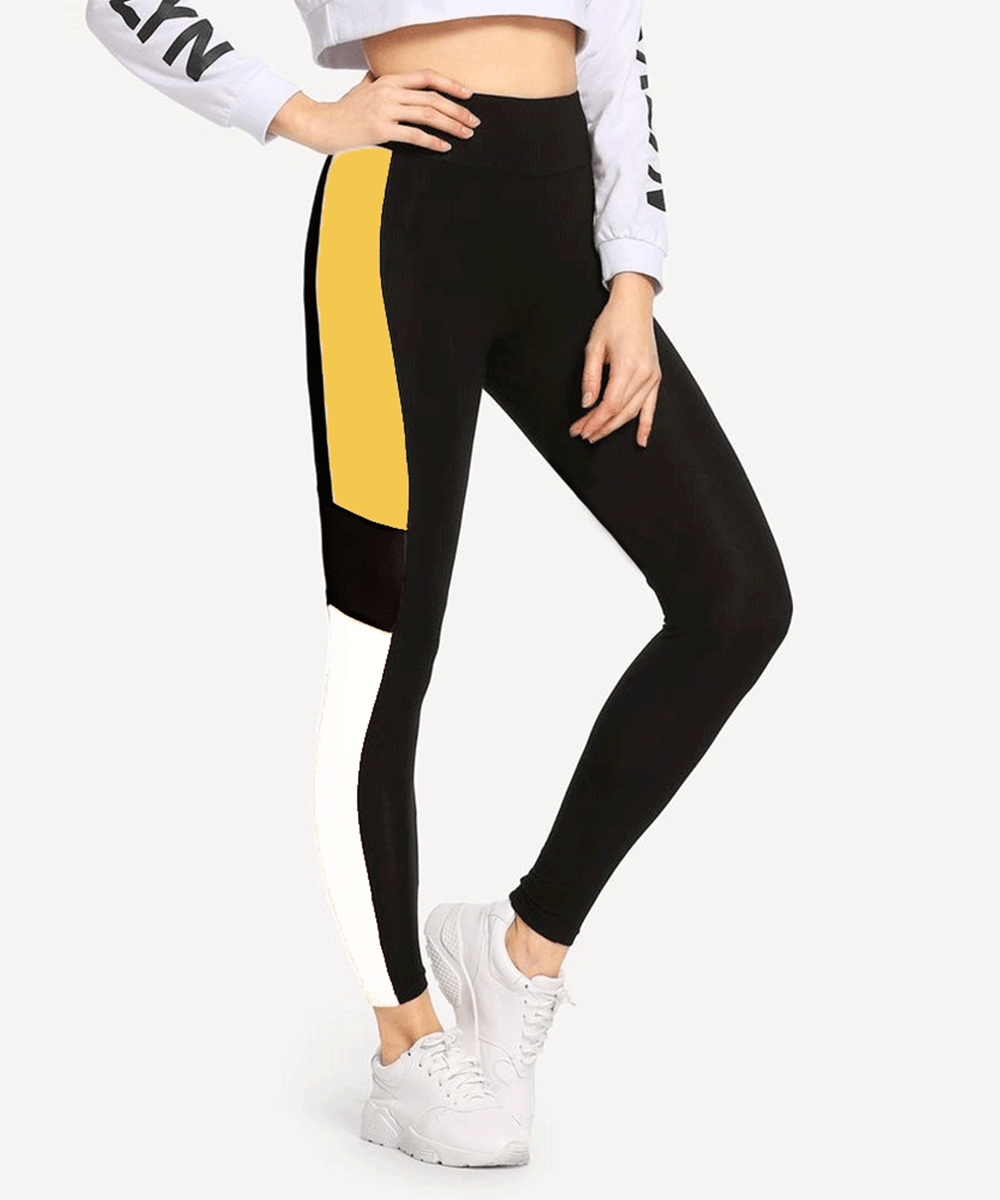 Buy BLACK LEGGINGS WITH YELLOW AND WHITE STRIPE