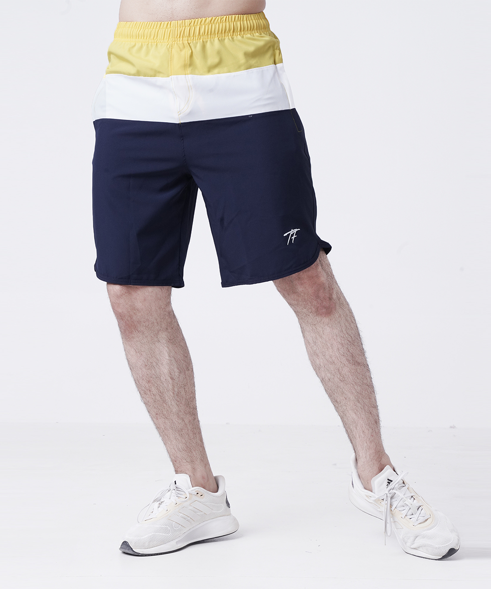 YELLOW WHITE NAVY TRI PANEL FITNESS STAGE SHORTS