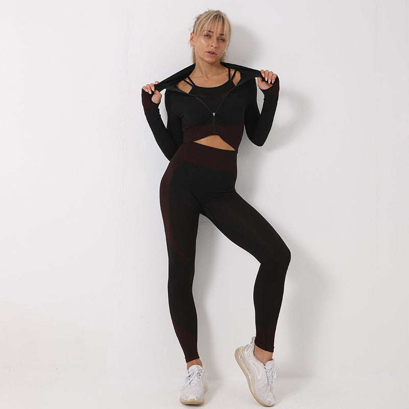 Ensemble de Yoga 3 pièces ensemble de Sport sans couture femmes vêtements de Sport Leggings femmes haut court soutien-gorge de Sport femmes Fitness ensemble de gymnastique femmes tenues survêtement