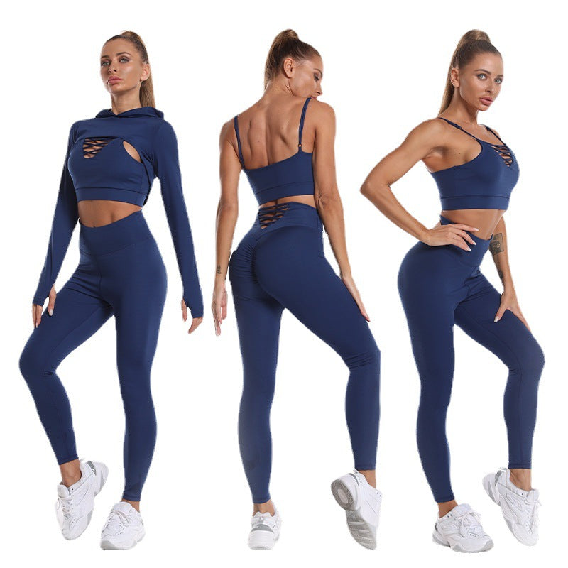 3 kpl Urheilupuvut Pitkähihainen Hupullinen Top Ontot Design Camisole ja peppua nostava korkea vyötärö Saumaton Fitness Leggingsit Urheilu Kuntosali Asut Vaatteet