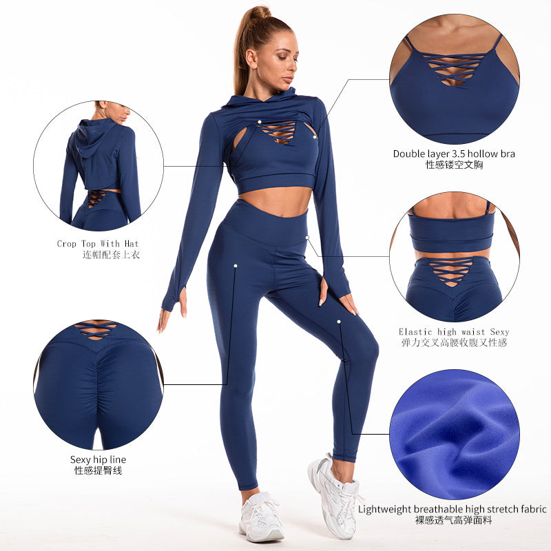 3 kpl Urheilupuvut Pitkähihainen Hupullinen Top Ontot Design Camisole ja peppua nostava korkea vyötärö Saumaton Fitness Leggingsit Urheilu Kuntosali Asut Vaatteet